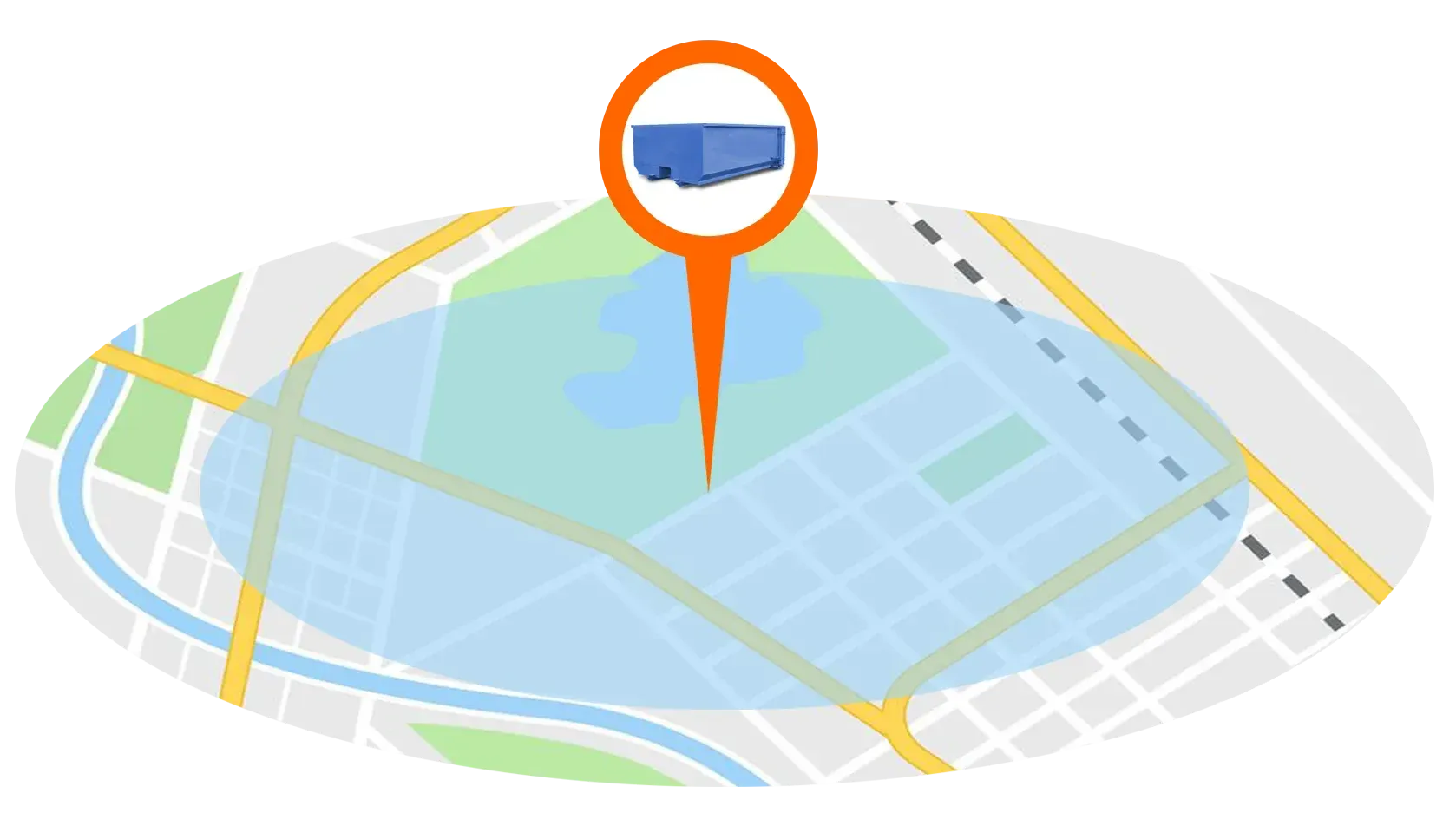 Map with a location pin highlighting a blue vehicle on a city street.