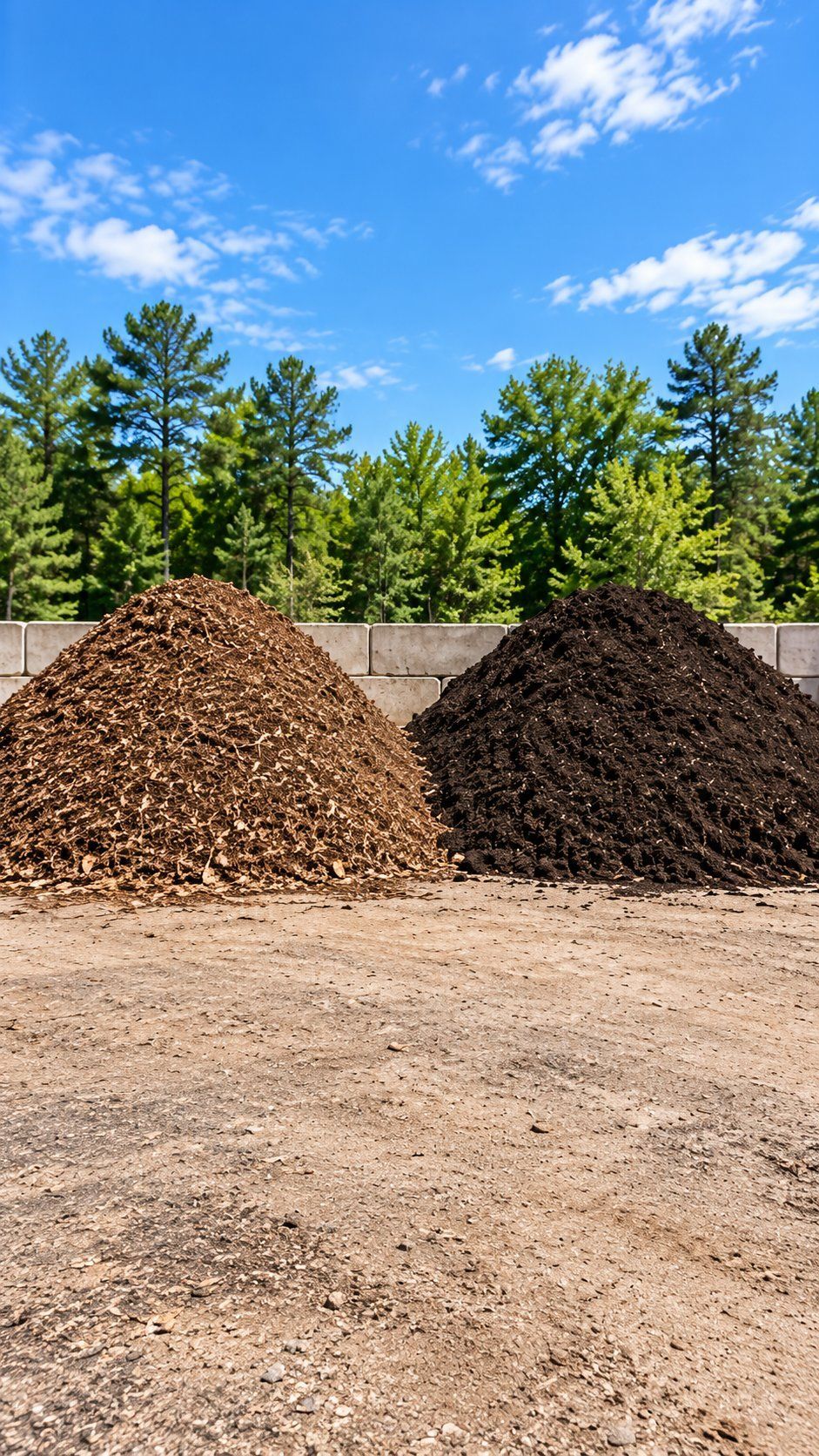 Piles of Mecklenburg County hardwood mulch and brush mulch at the county mulch yard near Charlotte NC