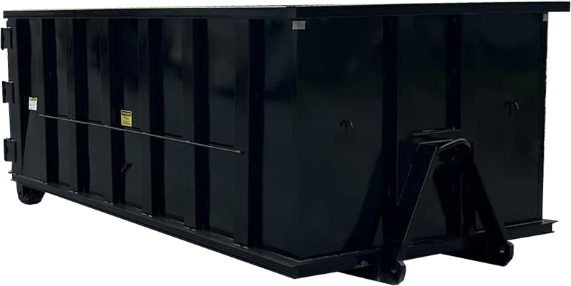 Black metal industrial dumpster with hinged front doors, side view on white background