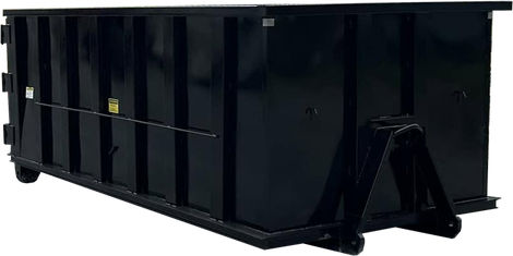 Black metal industrial dumpster with hinged front doors, side view on white background