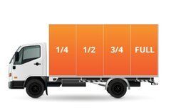 Side view of a delivery truck with cargo levels labeled 1/4, 1/2, 3/4, and full in orange compartments
