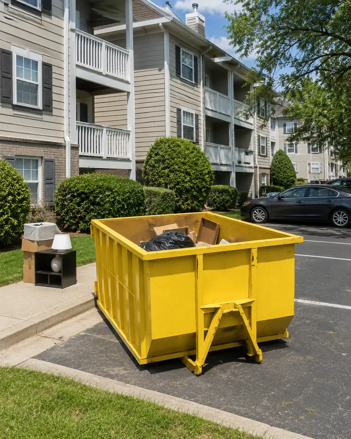 Yellow dumpster placed outside of an apartment building during tenant move-out
