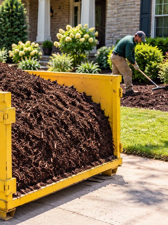 Snappy crew member raking mulch into landscape beds next to a roll-off container of mulch on a Charlotte NC driveway