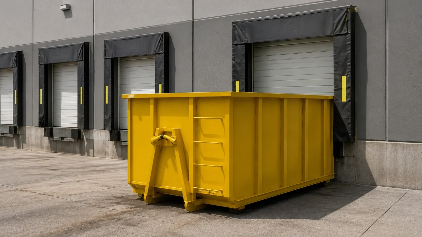 Yellow dumpster backed up to a warehouse loading dock