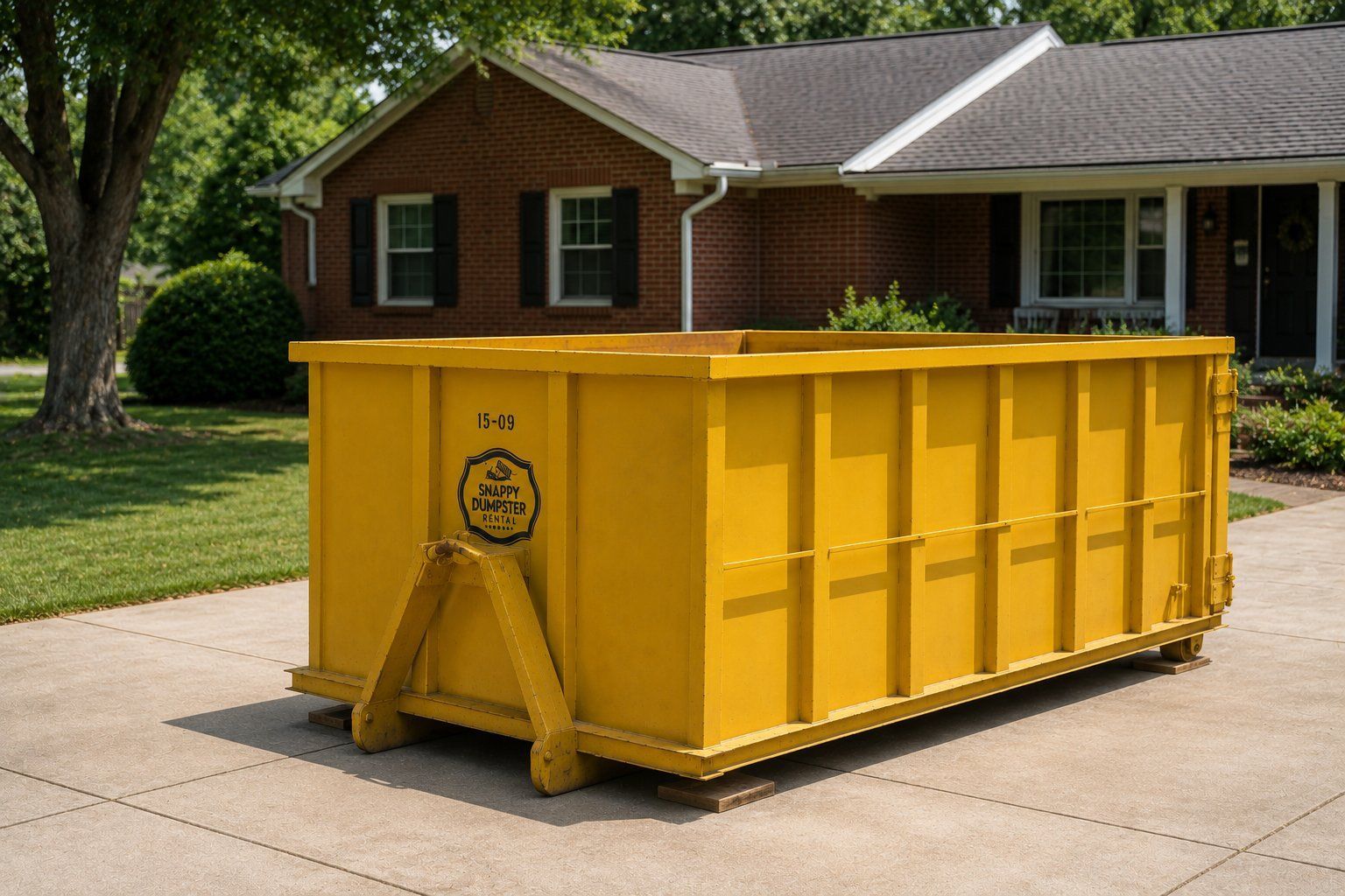 Snappy roll-off dumpster placed on a residential driveway in Monroe, NC