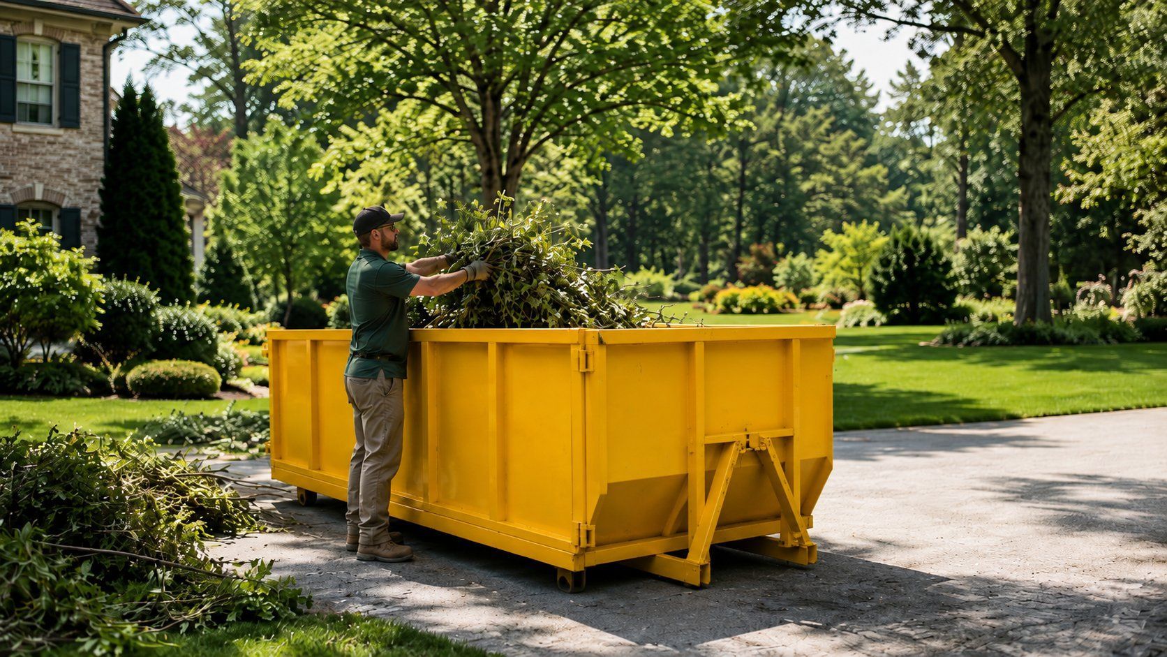 Yellow Snappy 15 yard roll-off dumpster in a residential driveway being loaded with landscaping and yard waste