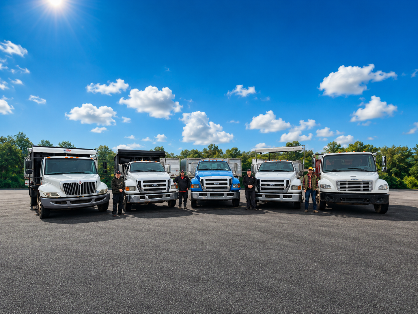 Snappy Dumpster Rental's roll-off trucks and crew at the Monroe, NC yard