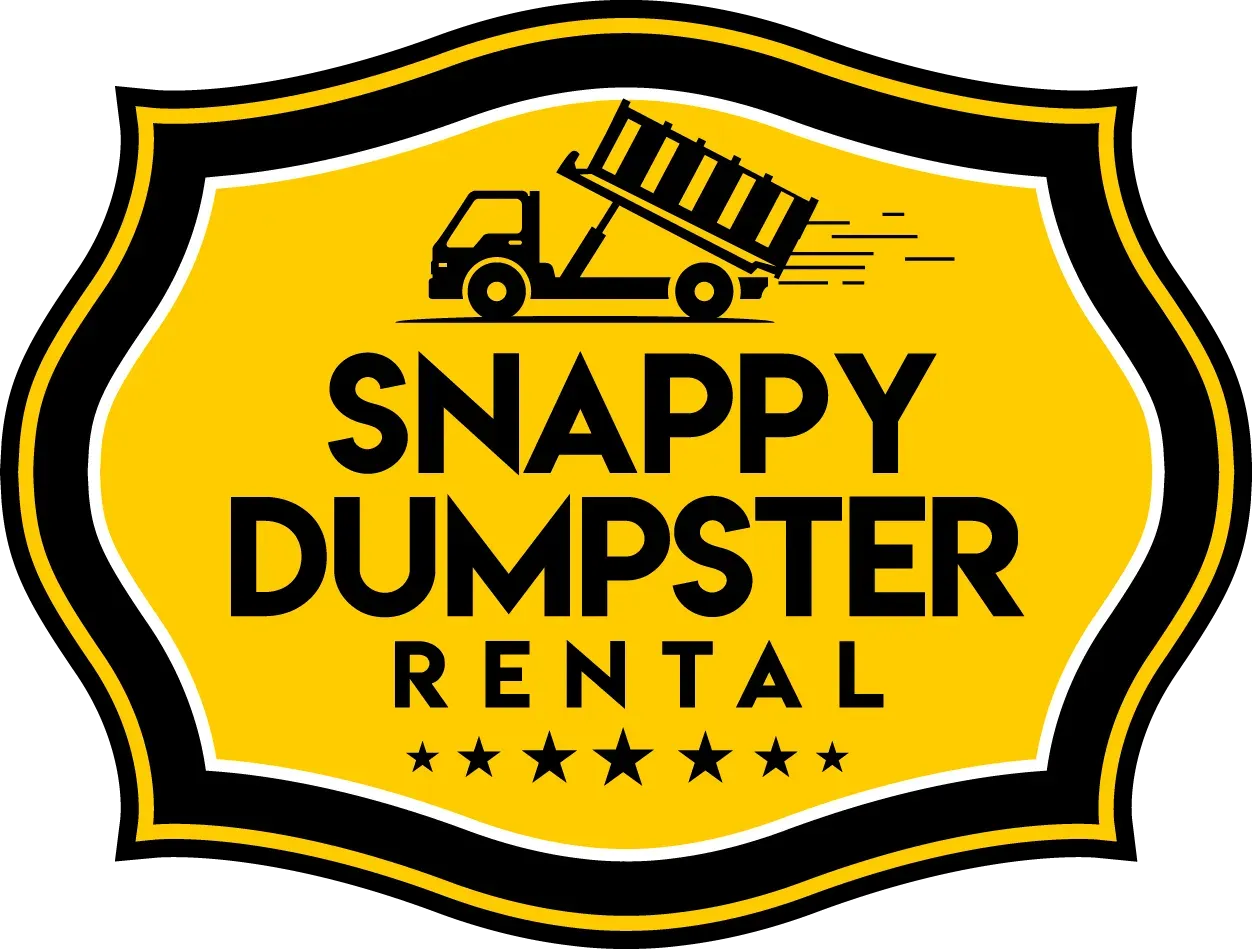 Snappy Dumpster Rental logo with yellow shield, black text, and a tilted dumpster truck icon