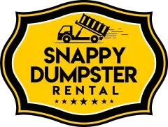 Snappy Dumpster Rental logo with yellow shield, black text, and a tilted dumpster truck icon
