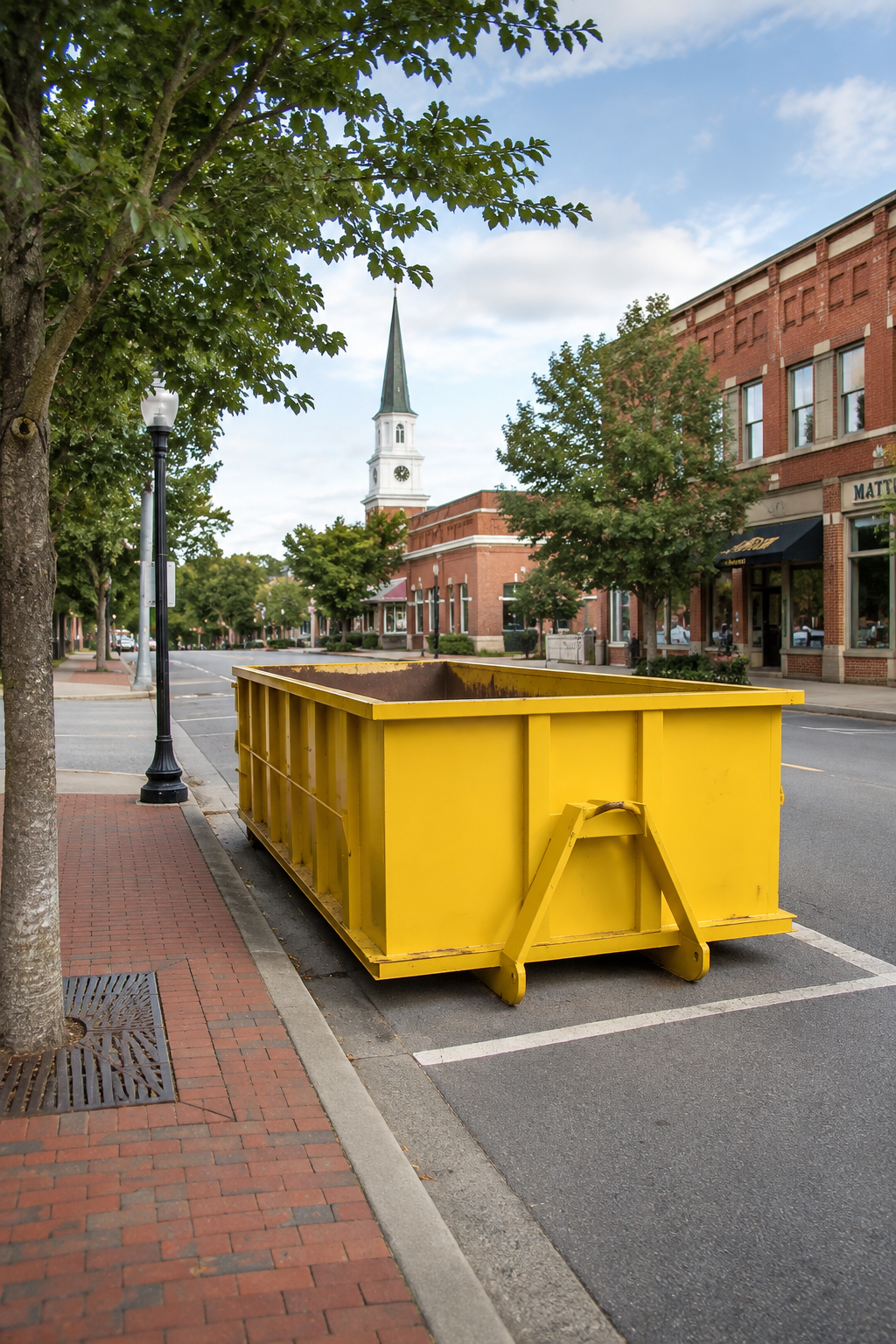 Yellow dumpster placed on the street in the business district in downtown Matthews