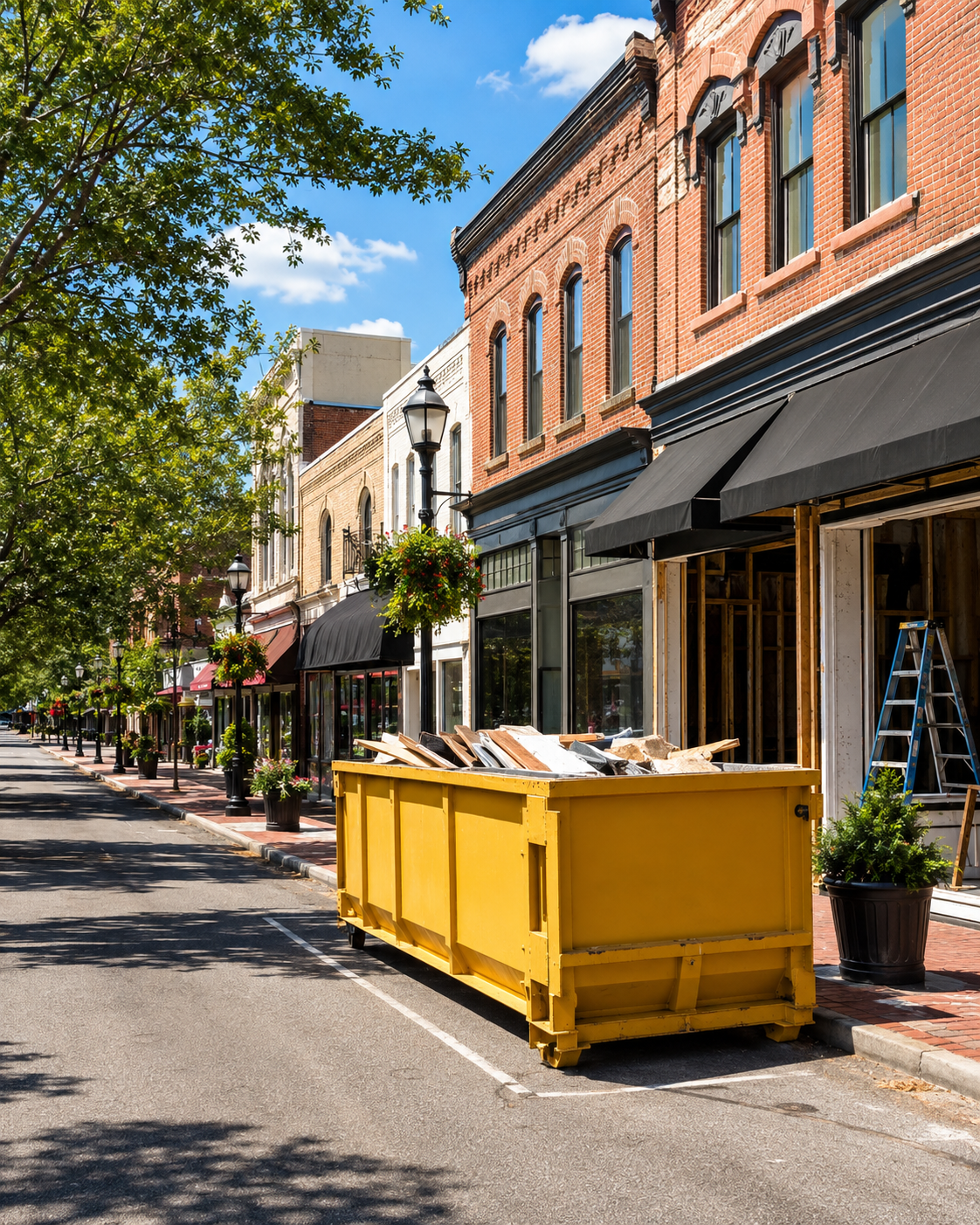Yellow dumpster placed on the street in the commercial area of downtown Monroe, NC