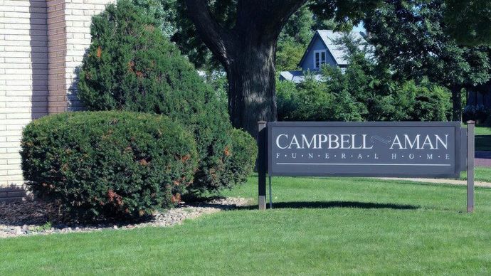 Main sign for Campbell-Aman Funeral Home providing compassionate funeral services in Blair Nebraska