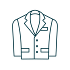 Outline of a dark teal suit jacket icon with lapels, buttons, and pockets on a white background