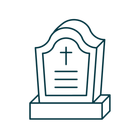 Line-art gravestone with cross and inscription lines on a base, in teal outline