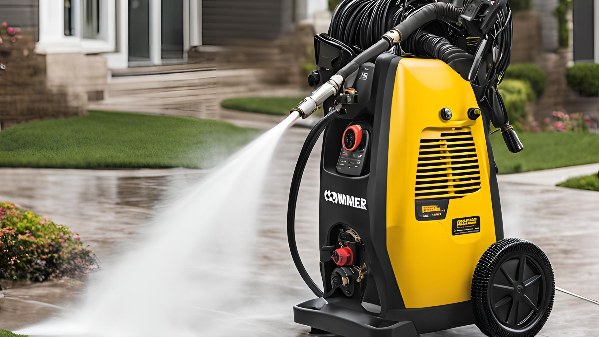Yellow and black pressure washer spraying water on a concrete surface.