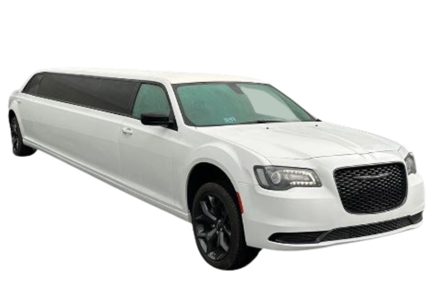 White Chrysler 300 limousine with black wheels and tinted windows.