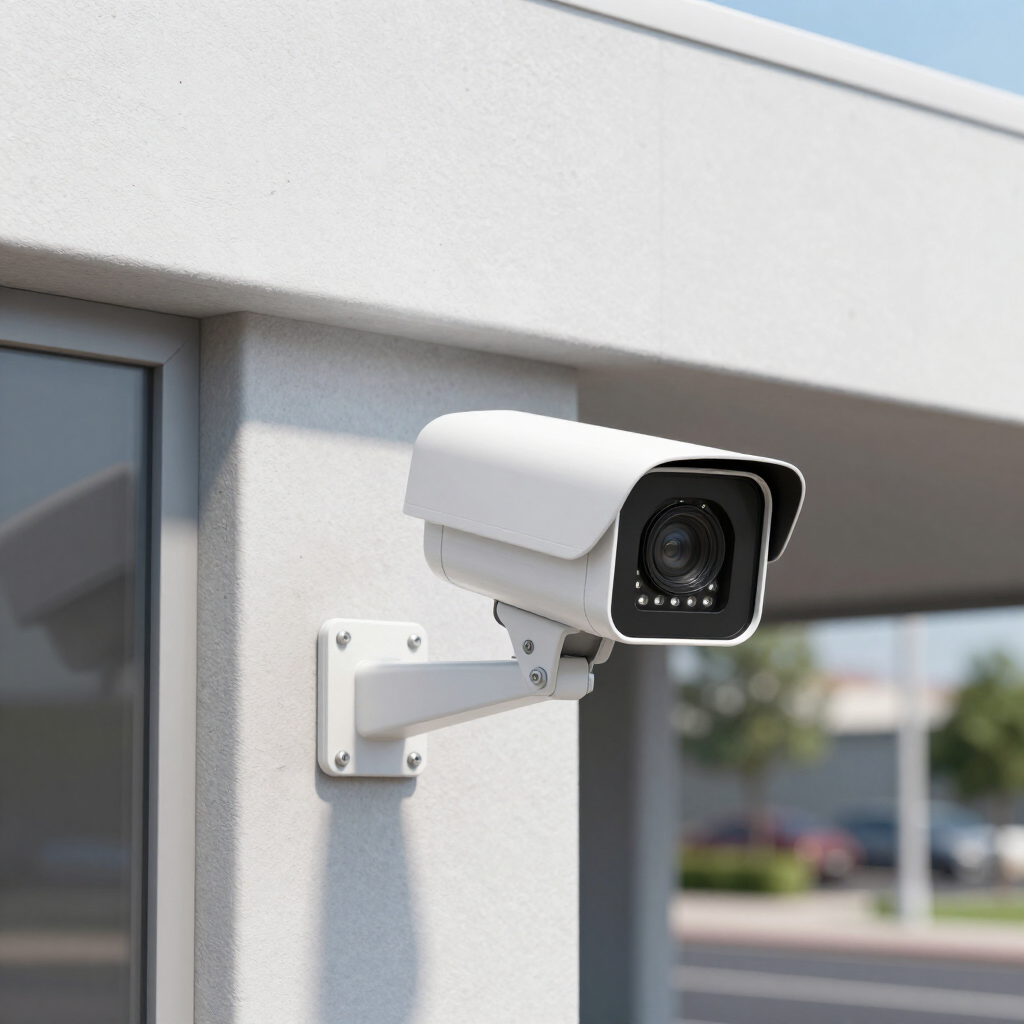 White security camera mounted on a building exterior, overlooking a window and street outside
