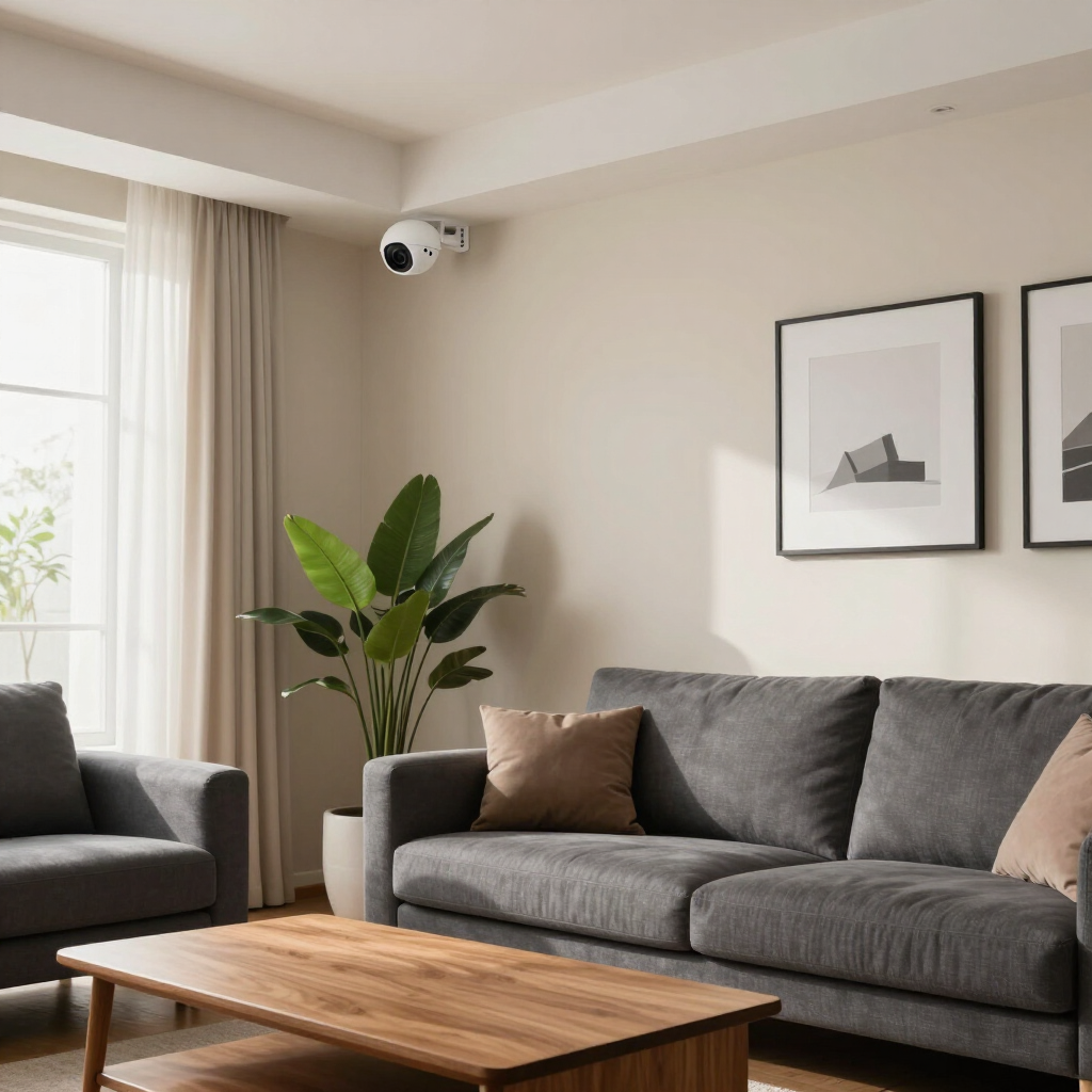 Modern living room with gray sofas, wooden coffee table, potted plant, and framed wall art