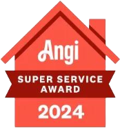 Angi Super Service Award 2024 badge in red and white, shaped like a house