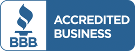 BBB Accredited Business logo in blue and white with a torch icon and bold text.