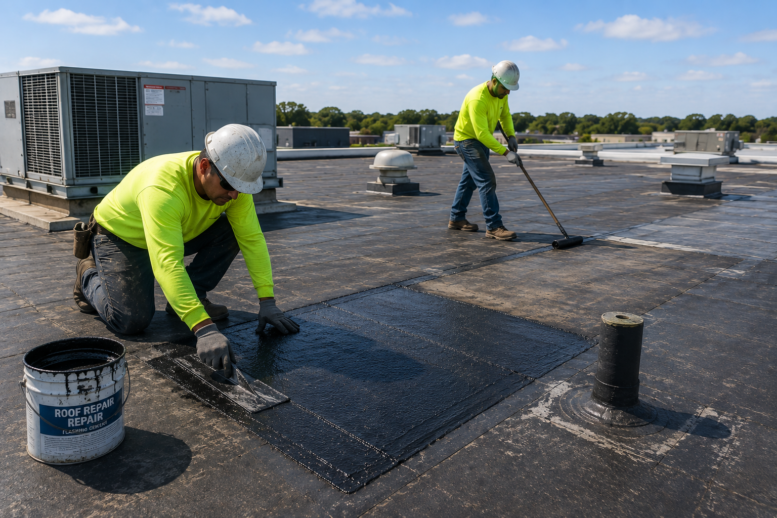 Workers applying roof sealant on a flat rooftop with buckets and vents.