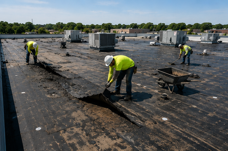 Workers repairing a flat rooftop, cutting and lifting black roofing material under bright daylight.