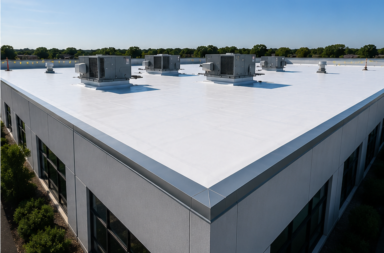 White flat-roof commercial building with rooftop HVAC units under a clear blue sky