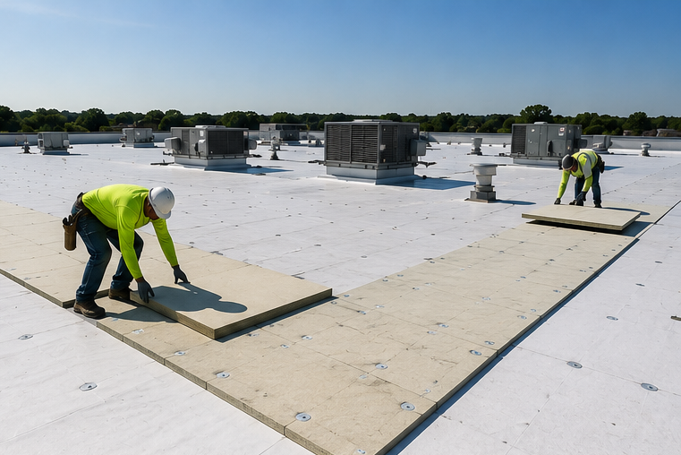 Workers installing roofing on a flat rooftop, carrying large beige insulation boards.