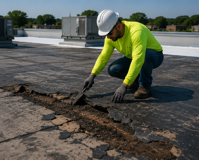 Worker in a hard hat repairing a damaged rooftop seam with a trowel.