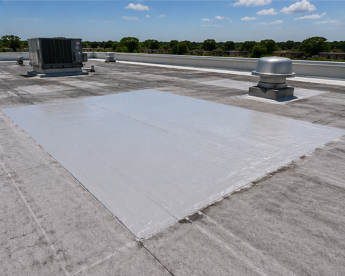 White rectangular roof patch on a flat rooftop beside vents under a clear blue sky