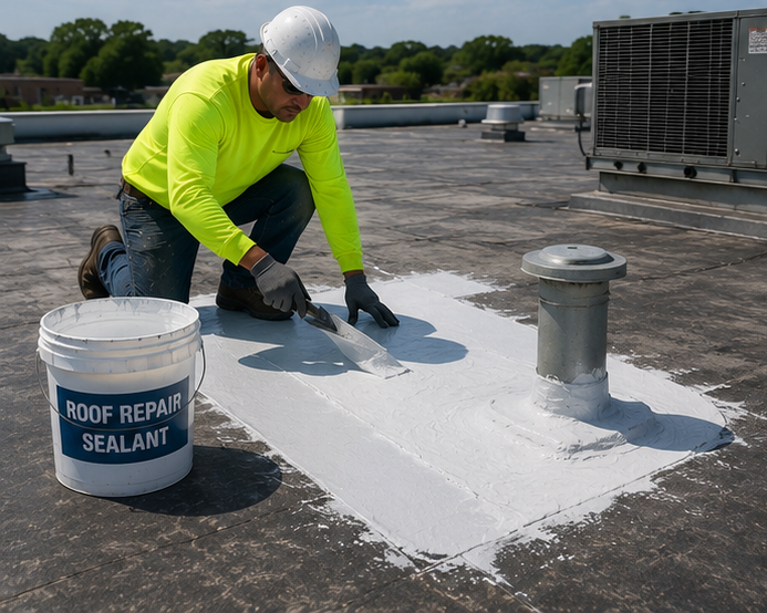 Worker applying white roof repair sealant on a flat rooftop near a vent.