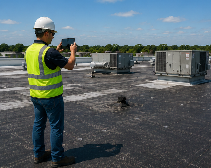 Worker in a hard hat and safety vest taking a photo of rooftop HVAC units on a flat roof.