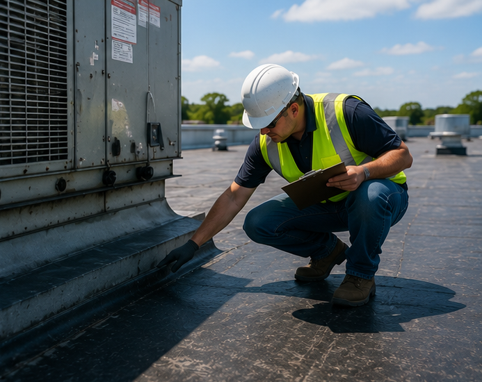 Worker in hard hat and safety vest inspecting rooftop seam near HVAC equipment.