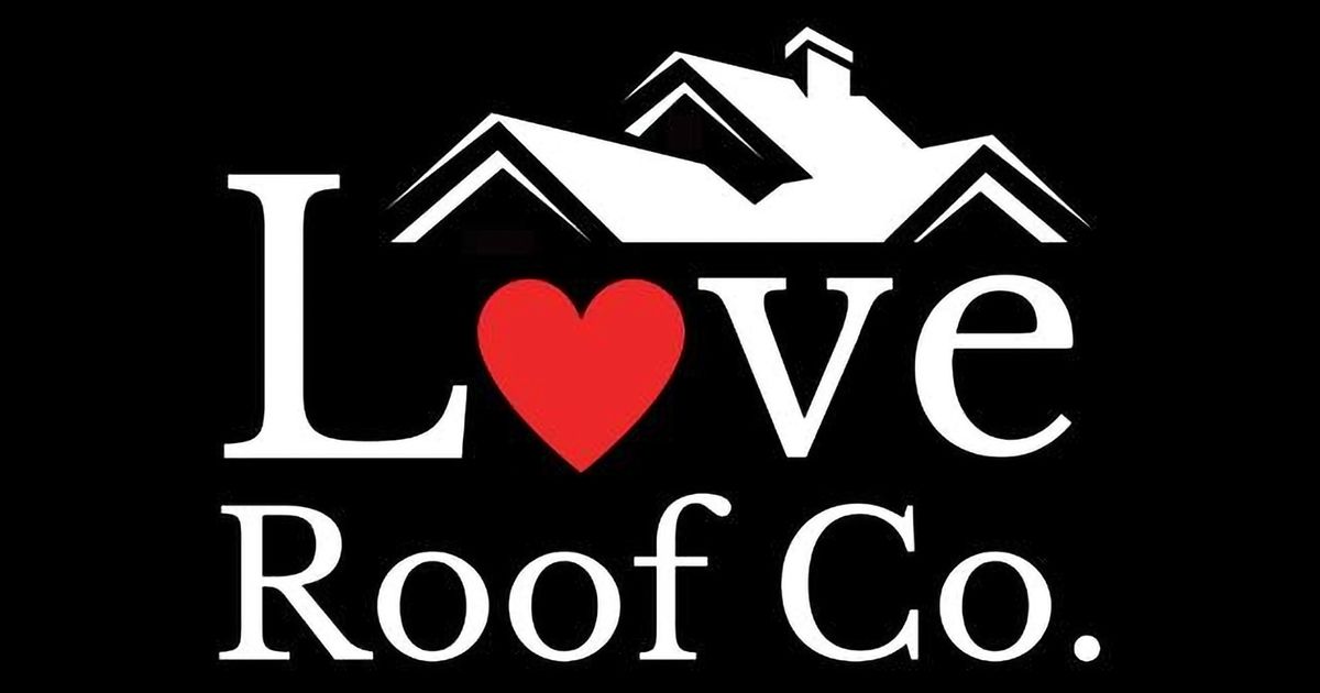 Love Roof Co. logo with white text, a red heart, and a roof outline on a black background