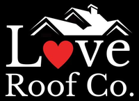 Love Roof Co. logo with red heart and white roof over black background