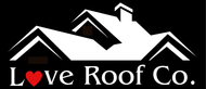 Love Roof Co. logo with red heart and white roof over black background