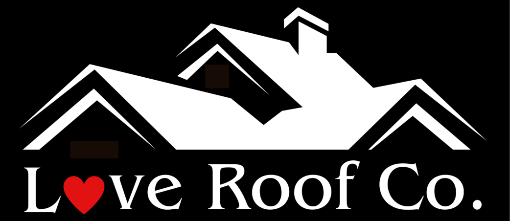 Love Roof Co. logo with red heart and white roof over black background