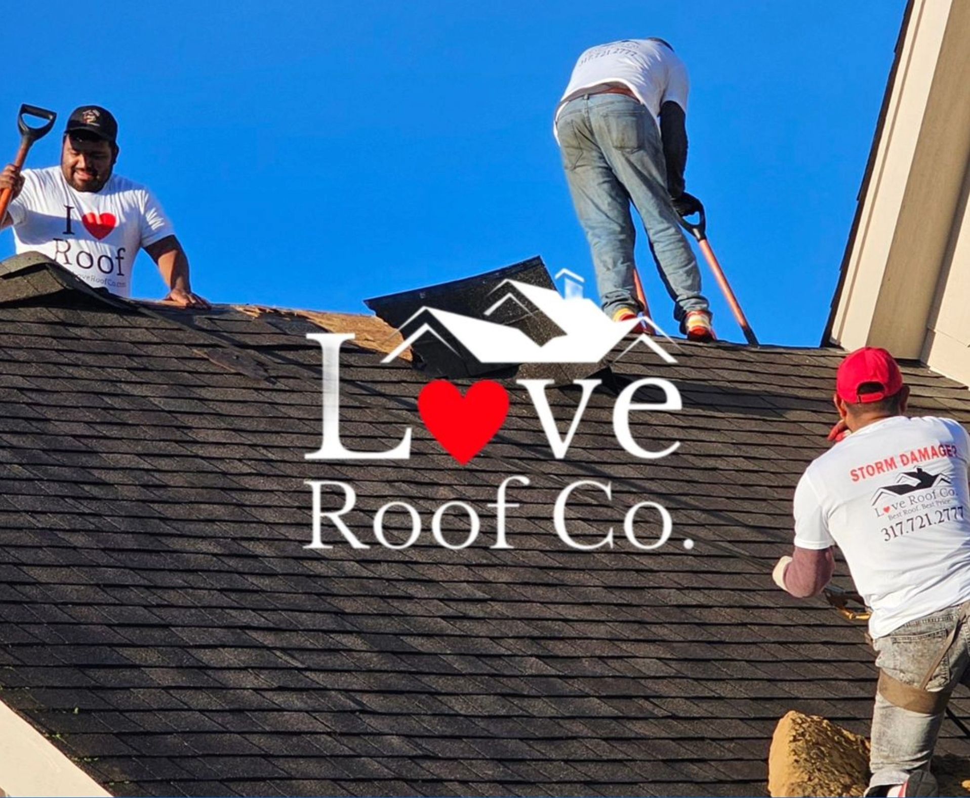Roofers working on a dark shingle roof under a blue sky, with “Love Roof Co.” logo centered.