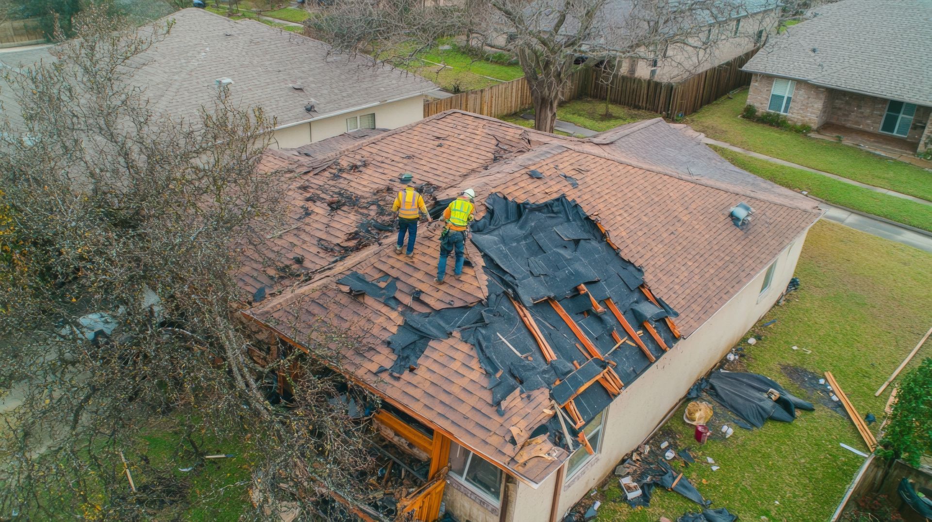 Two workers removing damaged shingles from a house roof after storm damage
