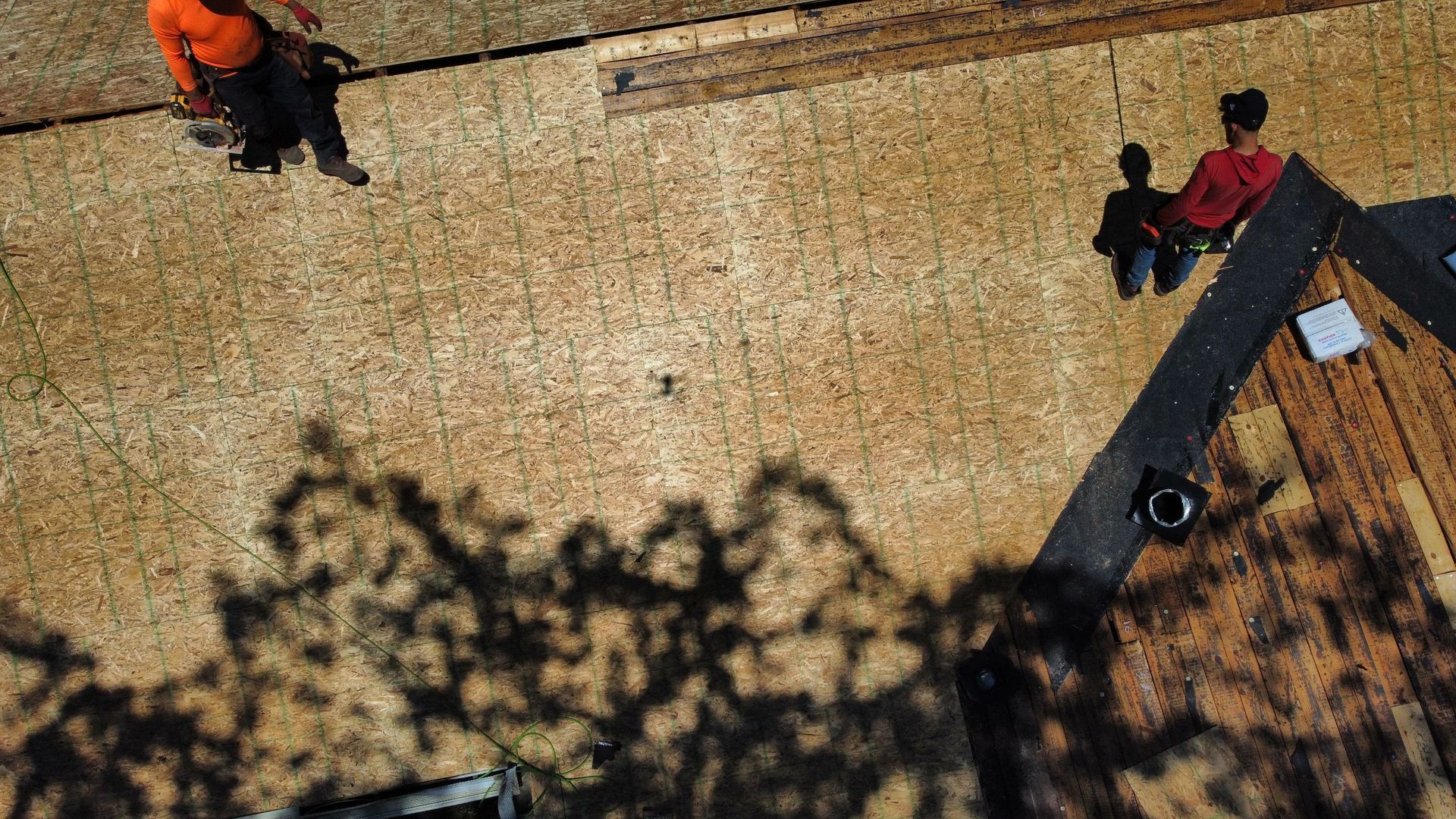 Overhead view of roof undergoing construction