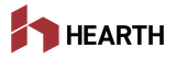 Red geometric house logo beside black text “HEARTH”