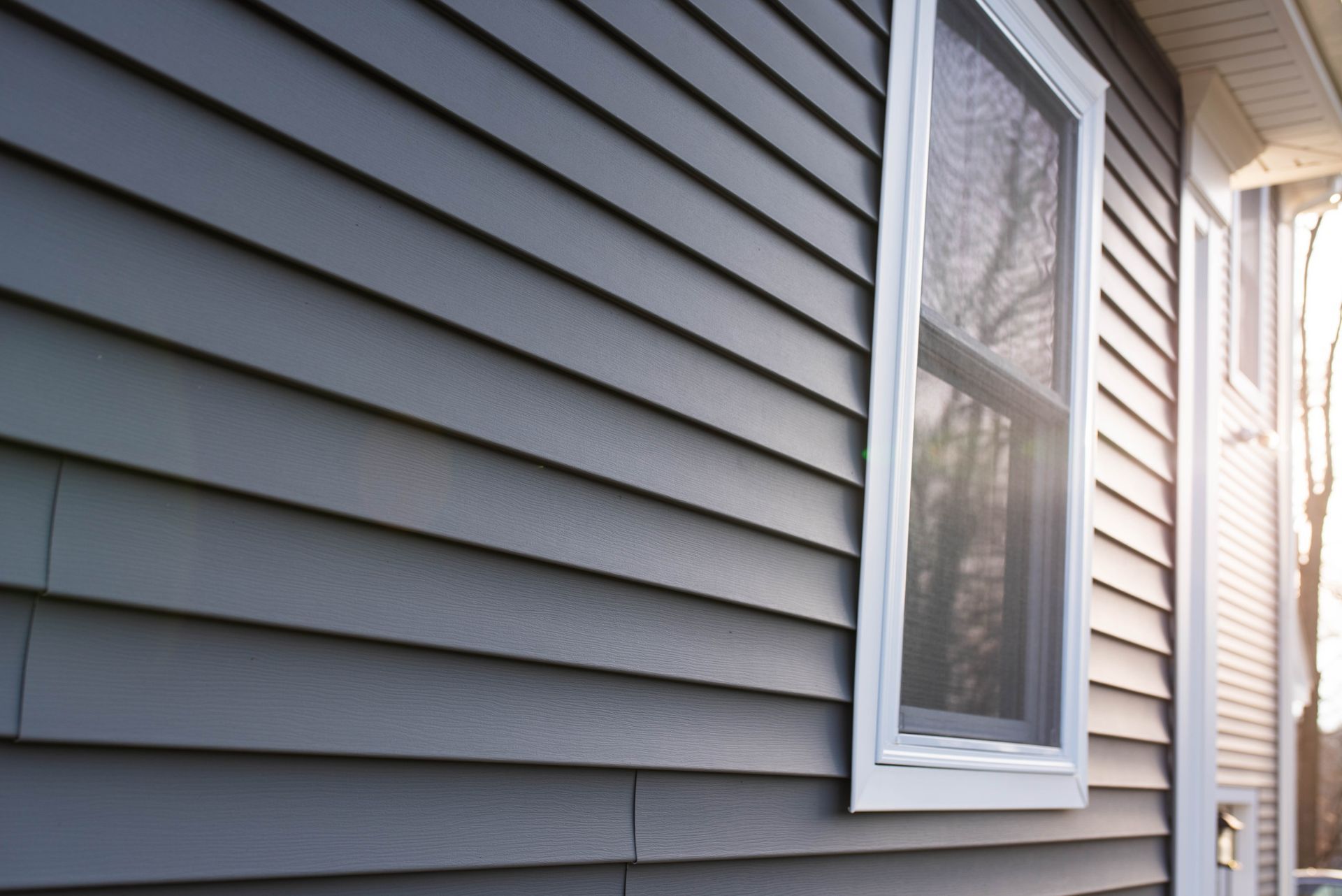 Gray house siding with a white-trimmed window and doorway in sunlight