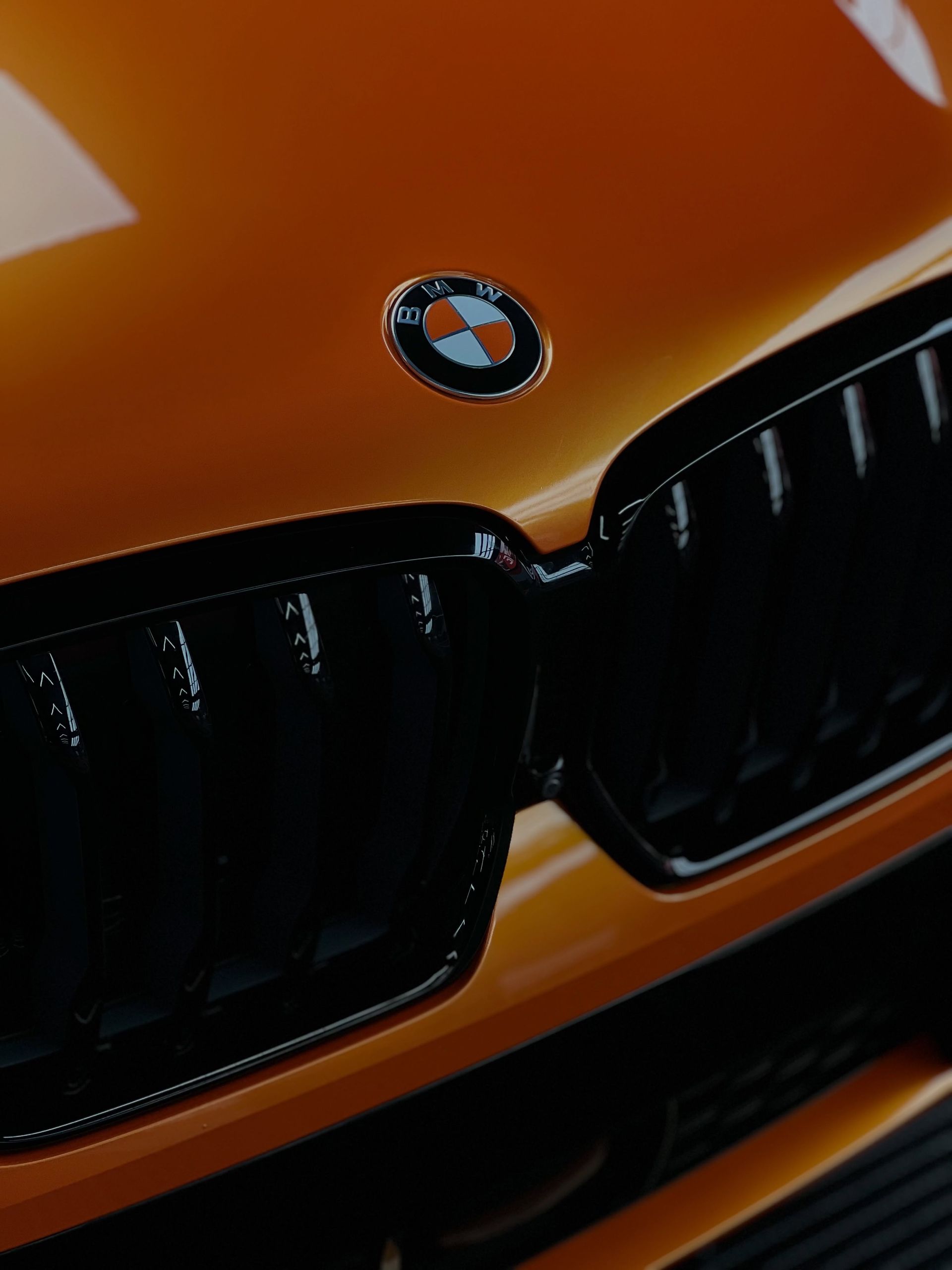 Close-up of an orange BMW front grille and hood emblem
