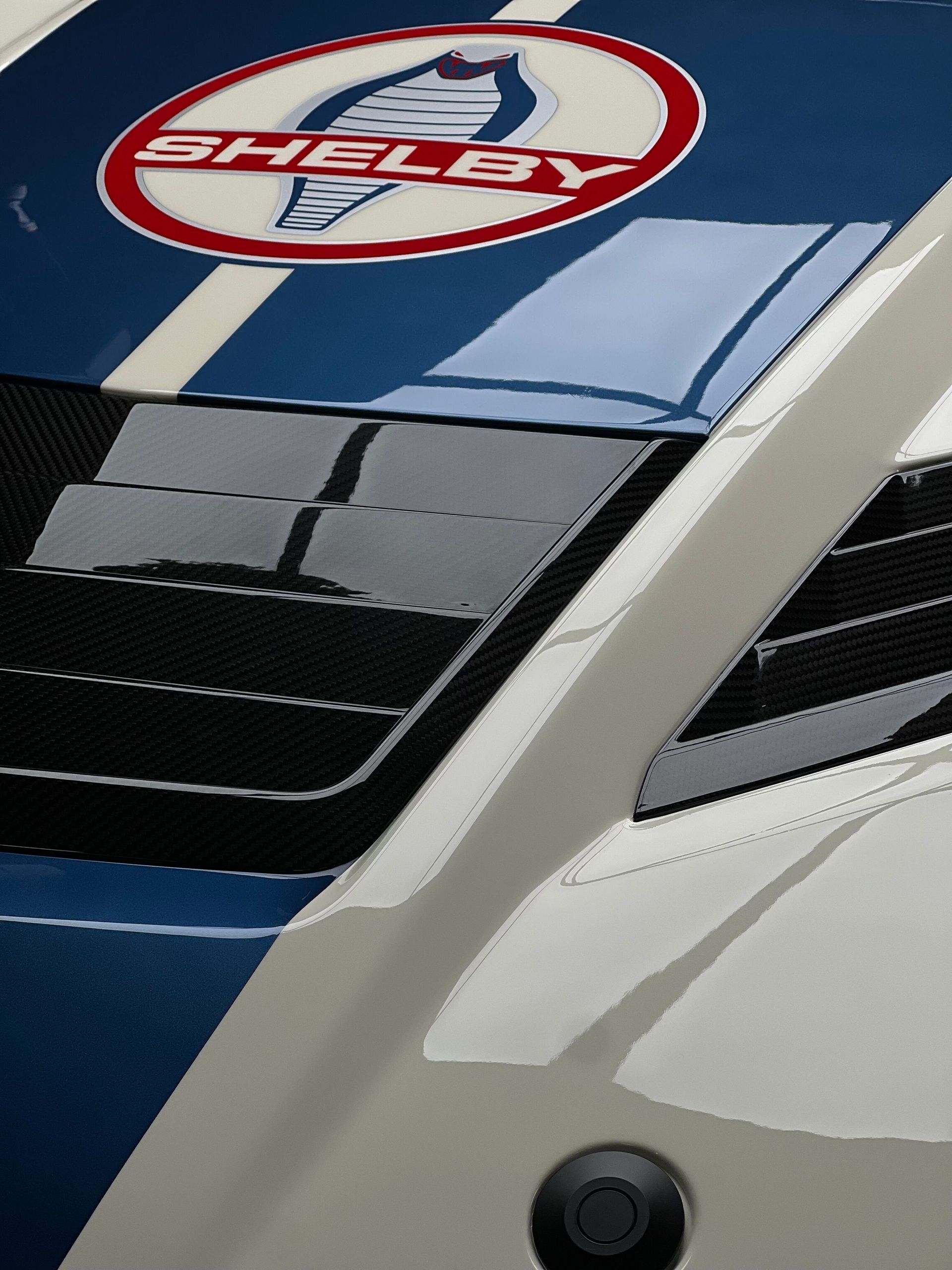 Close-up of a white sports car with blue racing stripes and a Shelby cobra emblem.