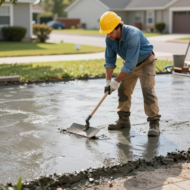 Construction worker smoothing wet concrete with a trowel on a suburban driveway