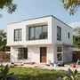 Modern two-story white house under construction with scaffolding, large windows, and tools in the yard
