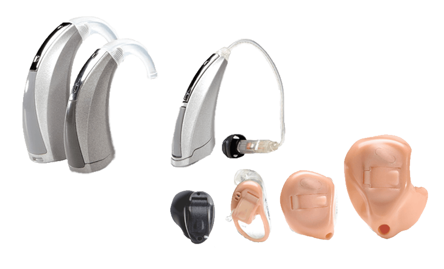 There are many different types of hearing aids on a white background.