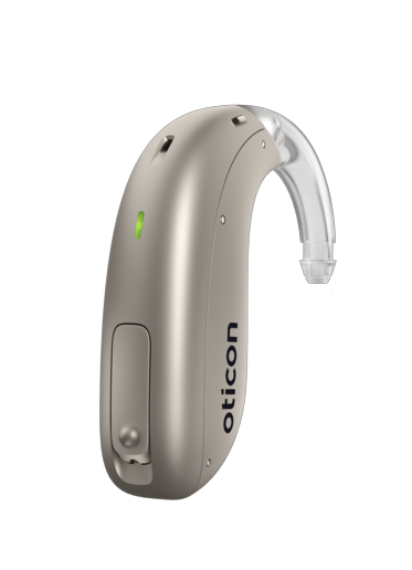 A close up of a hearing aid on a white background.