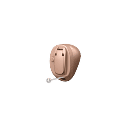 A hearing aid is shown on a white background.