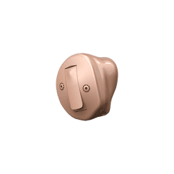 A close up of a hearing aid on a white background.
